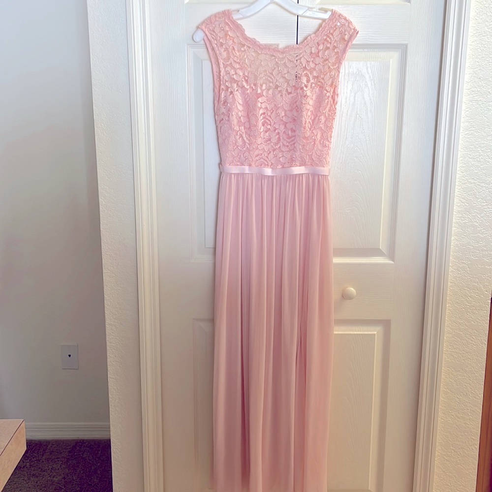Former Bridesmaid Dress, Lace overlay on top, flowing skirt with slit